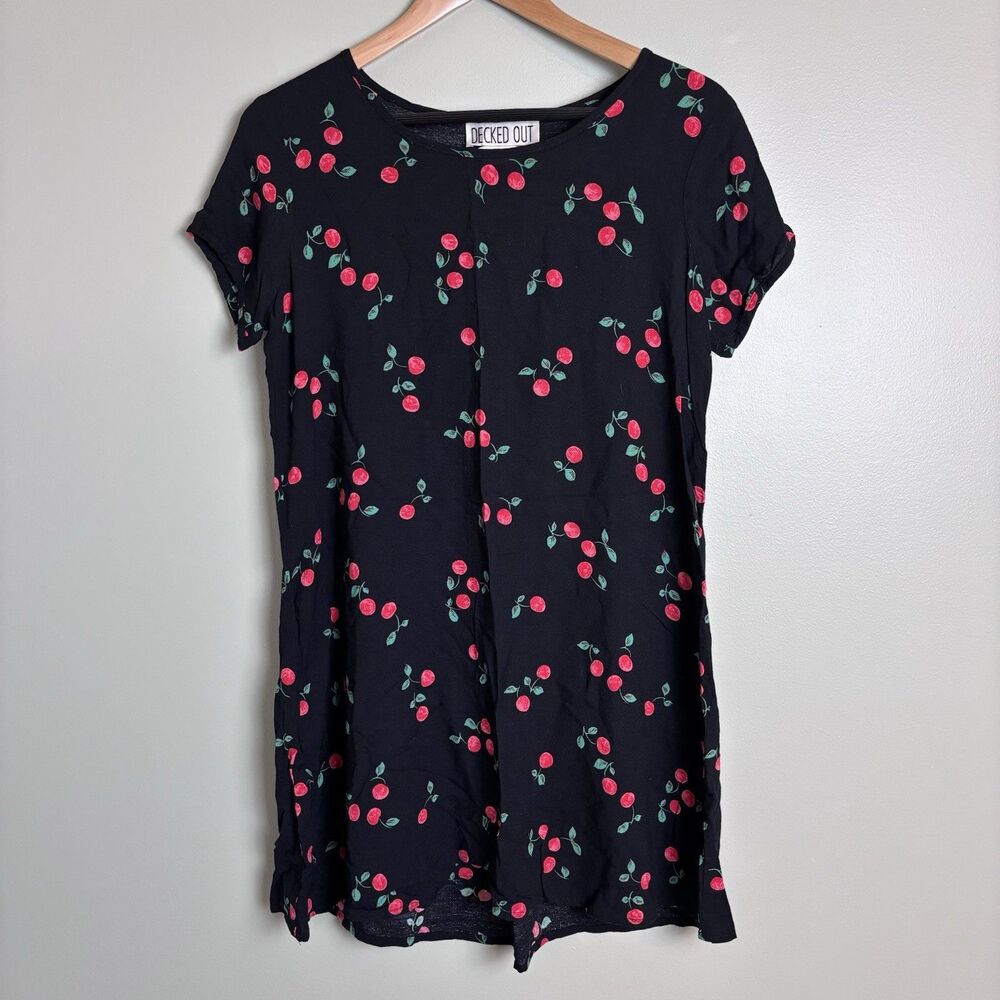 VTG 90s Women’s Cherry Black Mini Dress Rayon Made in USA Grunge Rockabilly Y2K